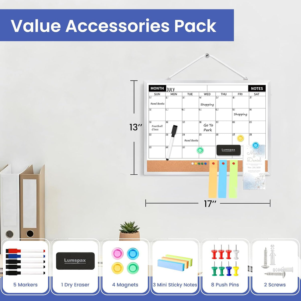 Calendar Whiteboard Monthly Dry Erase Calendar for Wall, 17"x13" Double-Sided Small White Board with Cork, Silver Aluminum Alloy Frame Hanging Wall Calendar for Home, Kitchen, Office, School