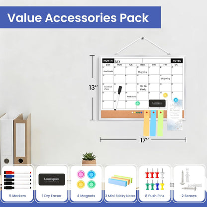 Calendar Whiteboard Monthly Dry Erase Calendar for Wall, 17"x13" Double-Sided Small White Board with Cork, Silver Aluminum Alloy Frame Hanging Wall Calendar for Home, Kitchen, Office, School