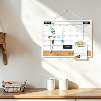 Calendar Whiteboard Monthly Dry Erase Calendar for Wall, 17"x13" Double-Sided Small White Board with Cork, Silver Aluminum Alloy Frame Hanging Wall Calendar for Home, Kitchen, Office, School