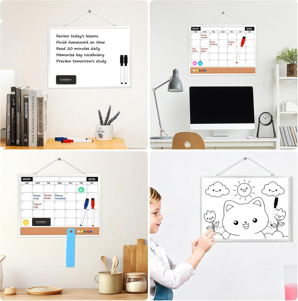 Calendar Whiteboard Monthly Dry Erase Calendar for Wall, 17"x13" Double-Sided Small White Board with Cork, Silver Aluminum Alloy Frame Hanging Wall Calendar for Home, Kitchen, Office, School