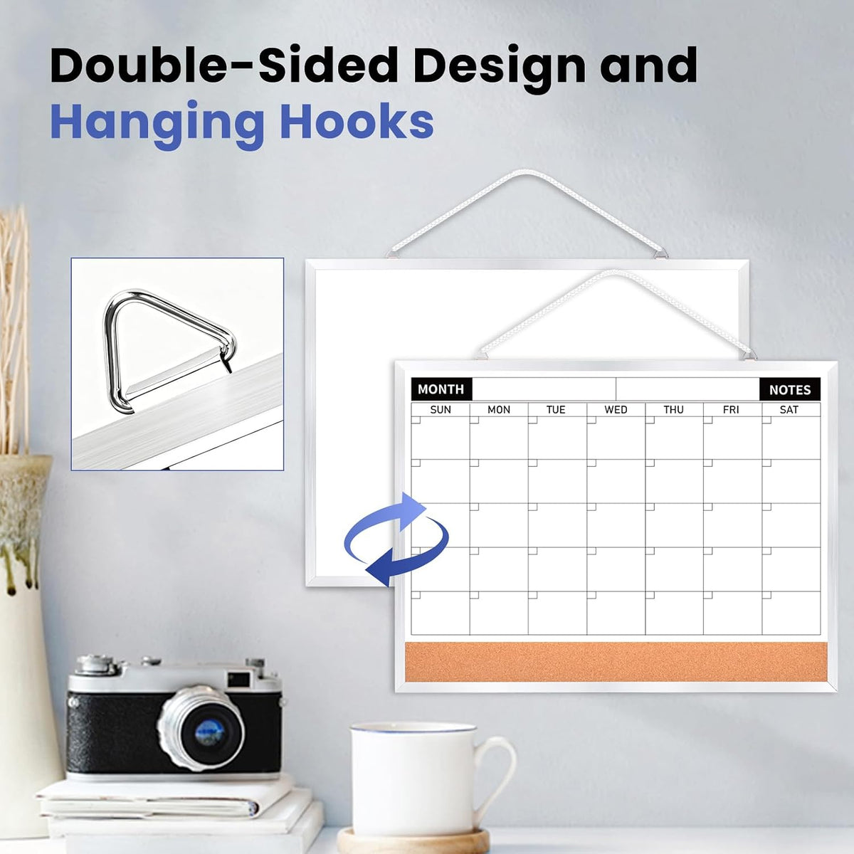 Calendar Whiteboard Monthly Dry Erase Calendar for Wall, 17"x13" Double-Sided Small White Board with Cork, Silver Aluminum Alloy Frame Hanging Wall Calendar for Home, Kitchen, Office, School
