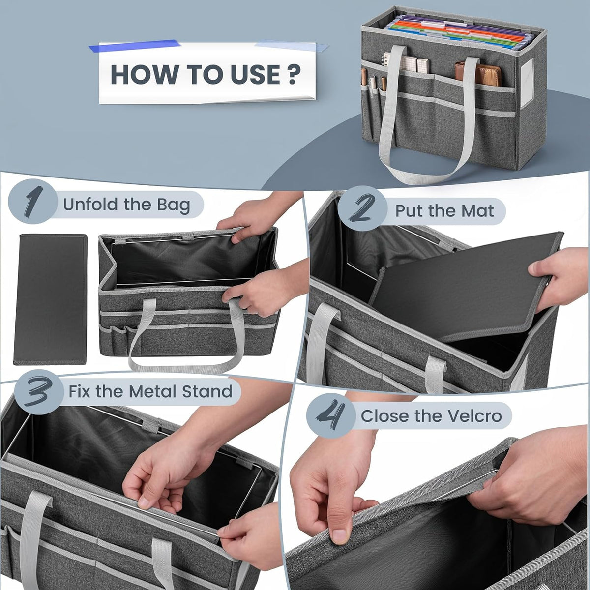 File Organizer Box, Portable Tote Bag Hanging Filing Box Desktop File Folder Document Storage Organizer with Pockets and Handles