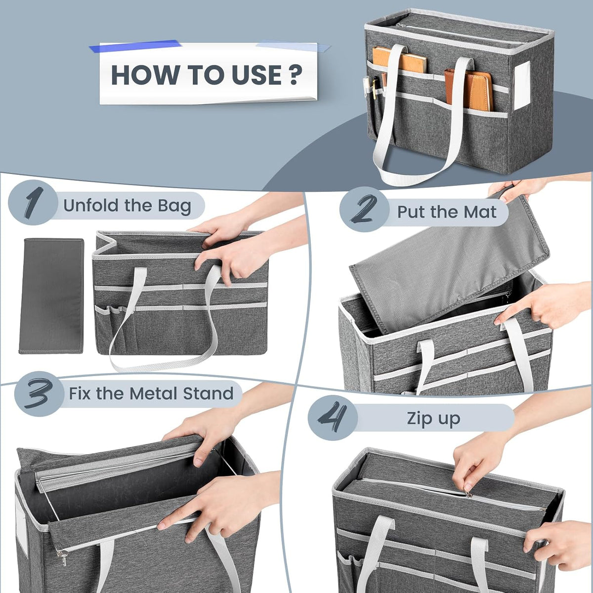 File Organizer Box, Portable Tote Bag Hanging Filing Box Desktop File Folder Document Storage Organizer with Pockets and Handles