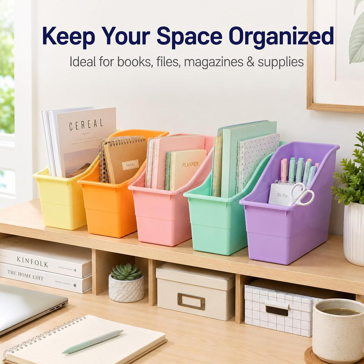 6 Pack Pastel Magazine Holder Book Bins for Classroom Durable Book Binder Organizer Stackable Plastic Magazine File Holder Folder Storage Caddy for School Office Library Home School Supplies