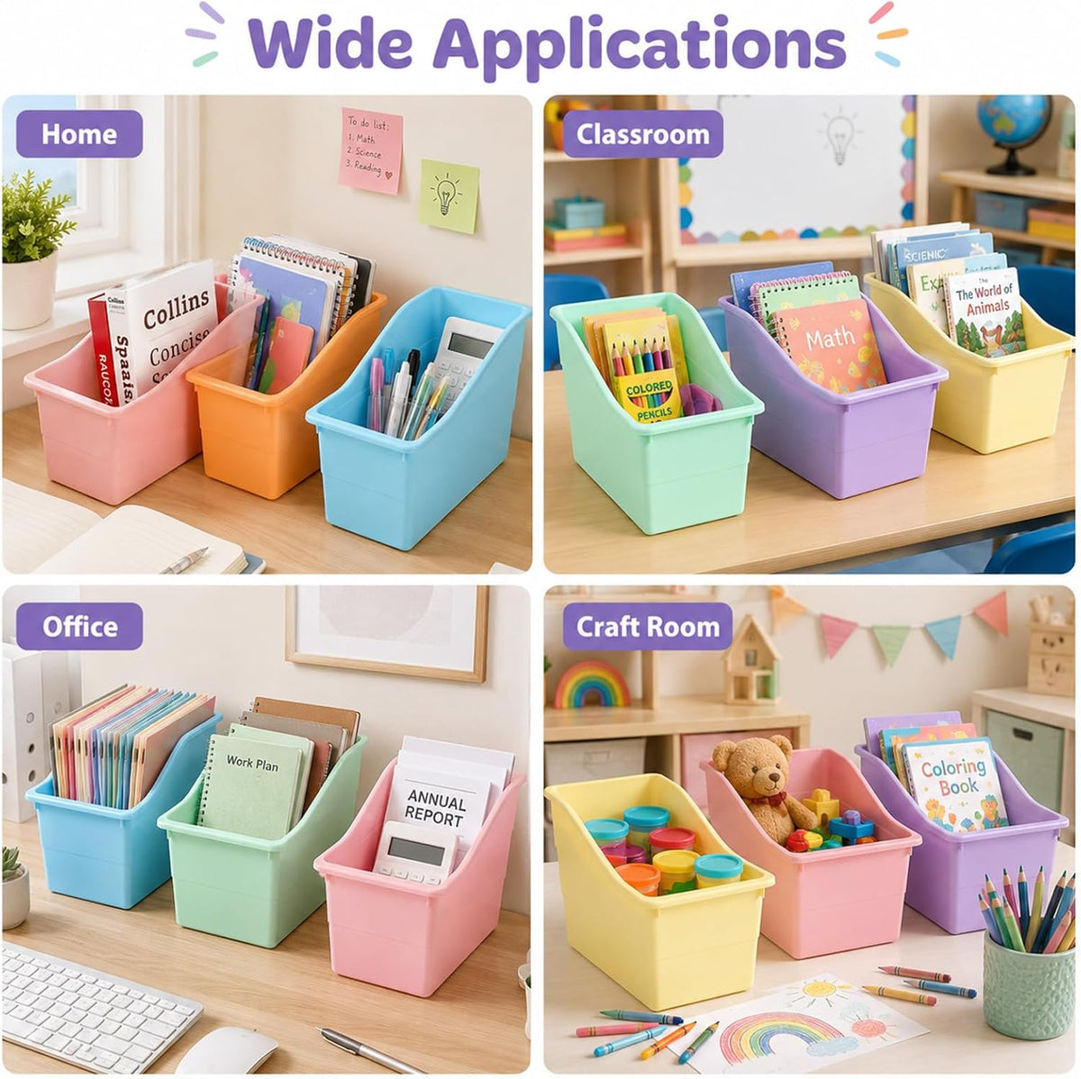 6 Pack Pastel Magazine Holder Book Bins for Classroom Durable Book Binder Organizer Stackable Plastic Magazine File Holder Folder Storage Caddy for School Office Library Home School Supplies