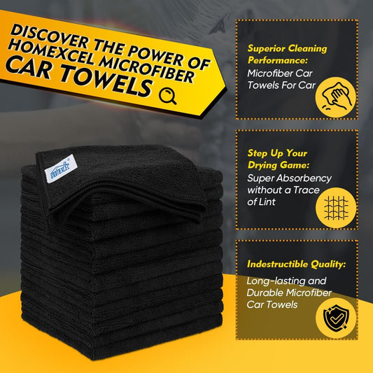 Black Microfiber Cleaning Cloth 12 Pack, 12.5 x 12.5 inch Microfiber Towels for Cars, Ultra Absorbent Car Washing Cloth, Lint Free Streak Free Cleaning Rags for Car, Kitchen, and Window
