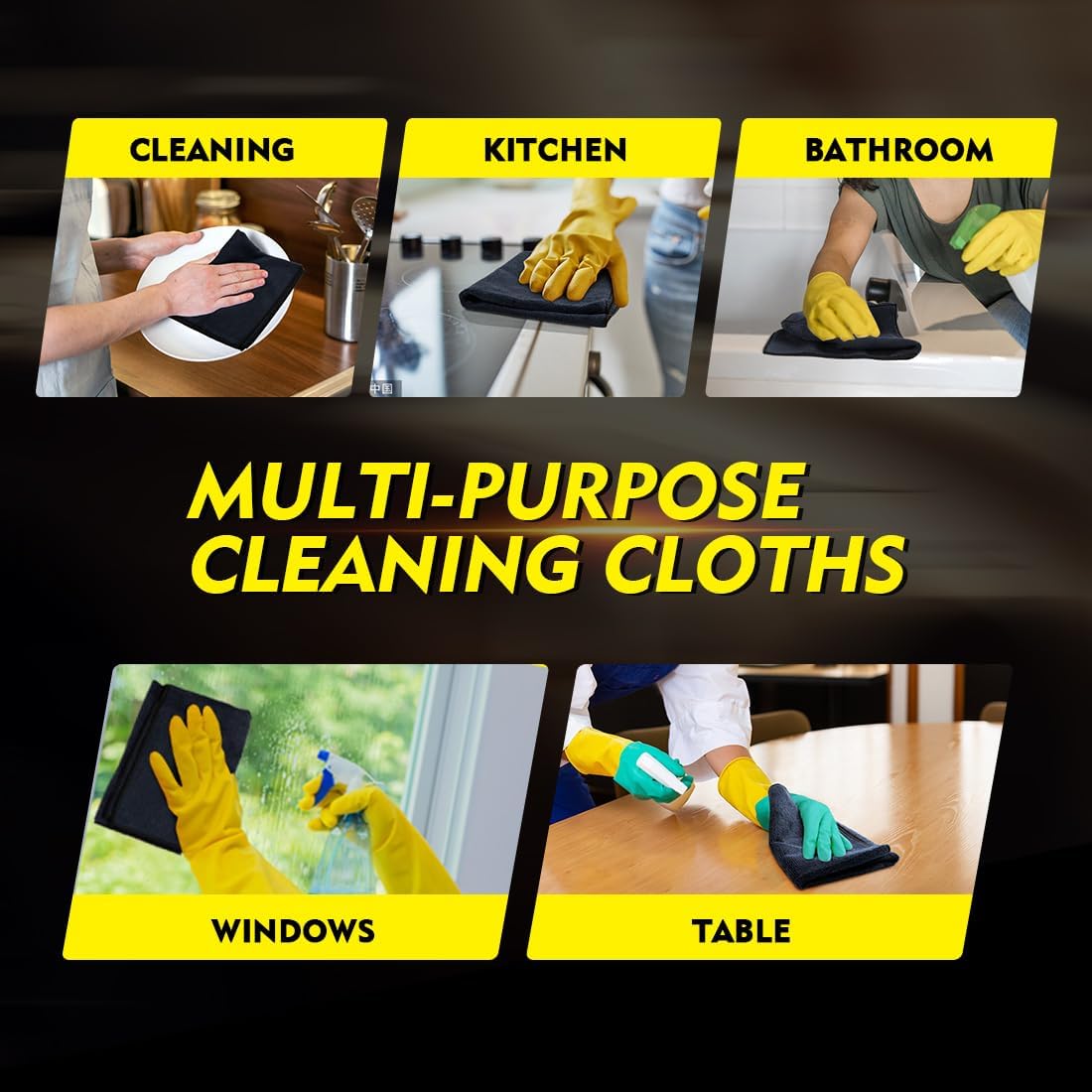 Black Microfiber Cleaning Cloth 12 Pack, 12.5 x 12.5 inch Microfiber Towels for Cars, Ultra Absorbent Car Washing Cloth, Lint Free Streak Free Cleaning Rags for Car, Kitchen, and Window