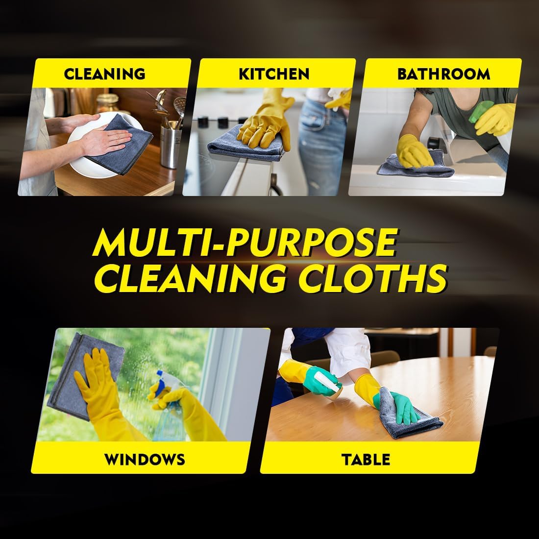 Black Microfiber Cleaning Cloth 12 Pack, 12.5 x 12.5 inch Microfiber Towels for Cars, Ultra Absorbent Car Washing Cloth, Lint Free Streak Free Cleaning Rags for Car, Kitchen, and Window