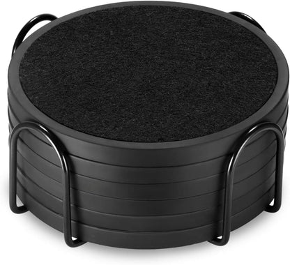 Absorbent Coasters for Drinks with Holder - 6packs, Silicone Coaster with Soft Felt Insert, Black (Coasters with Holder, Black)