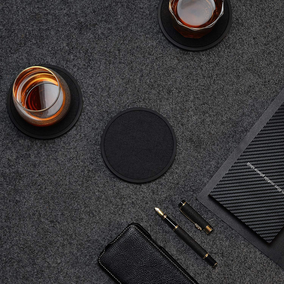 Absorbent Coasters for Drinks with Holder - 6packs, Silicone Coaster with Soft Felt Insert, Black (Coasters with Holder, Black)