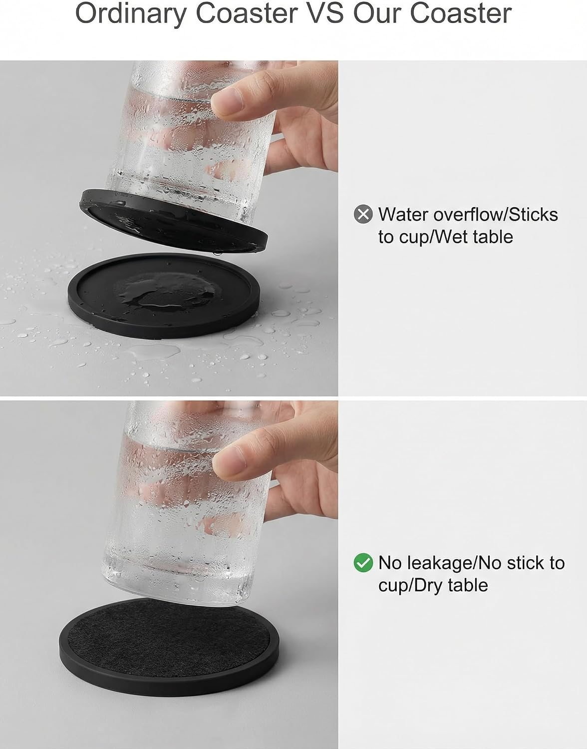 Absorbent Coasters for Drinks with Holder - 6packs, Silicone Coaster with Soft Felt Insert, Black (Coasters with Holder, Black)