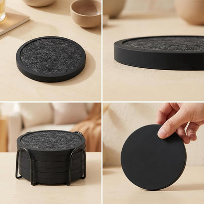 Absorbent Coasters for Drinks with Holder - 6packs, Silicone Coaster with Soft Felt Insert, Black (Coasters with Holder, Black)