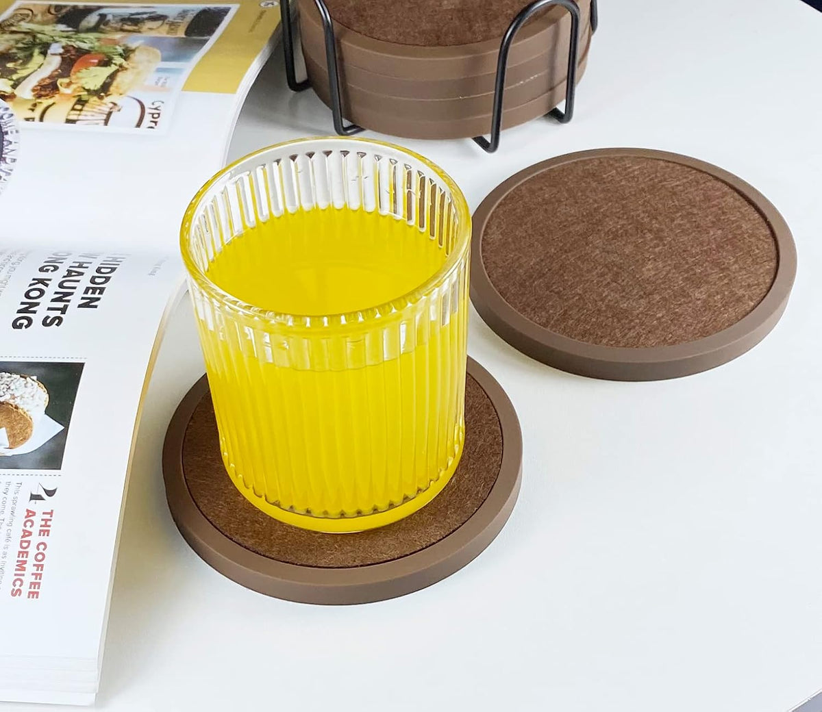 Absorbent Coasters for Drinks with Holder - 6packs, Silicone Coaster with Soft Felt Insert, Black (Coasters with Holder, Black)