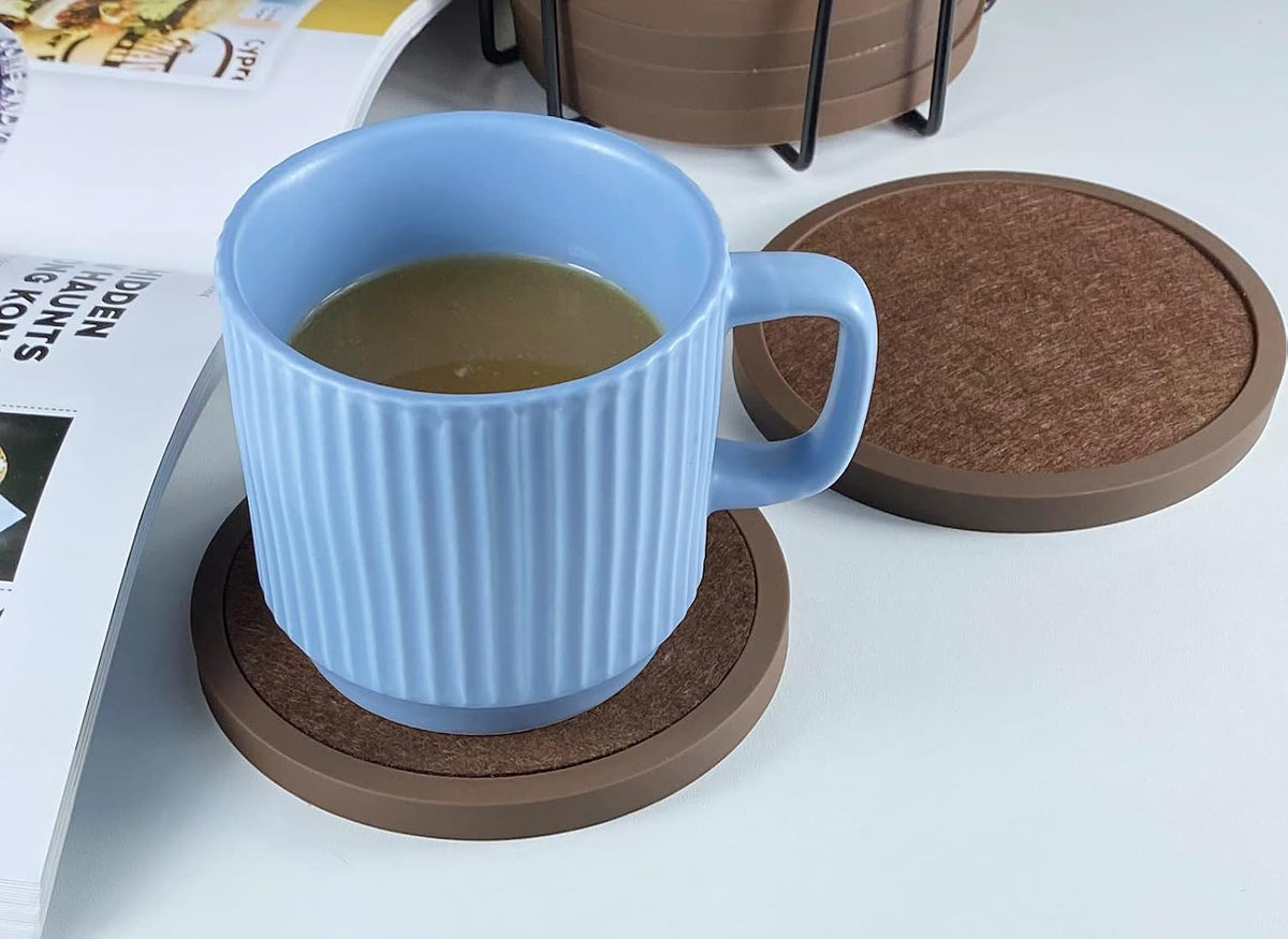Absorbent Coasters for Drinks with Holder - 6packs, Silicone Coaster with Soft Felt Insert, Black (Coasters with Holder, Black)