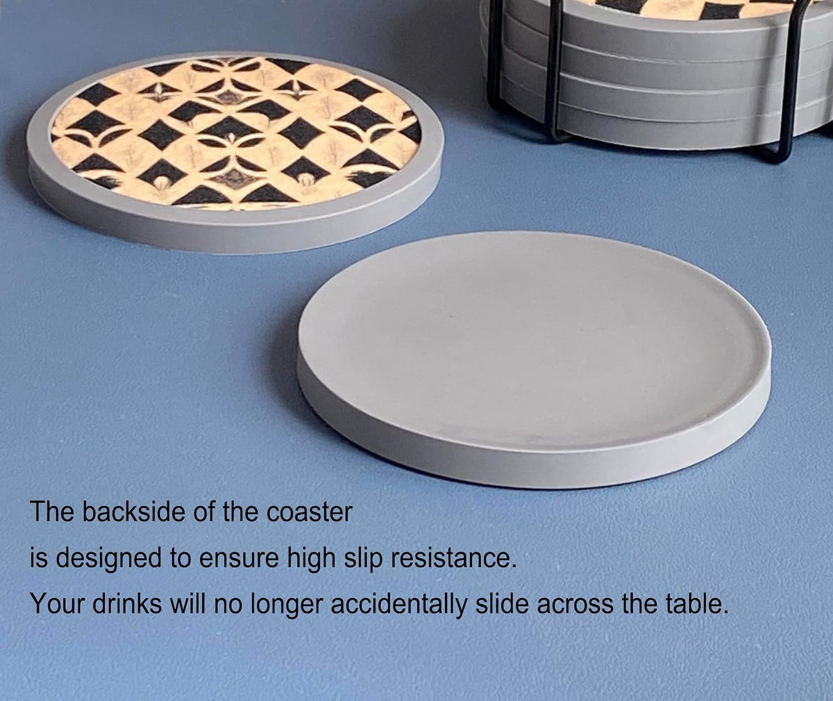 Absorbent Coasters for Drinks with Holder - 6packs, Silicone Coaster with Soft Felt Insert, Black (Coasters with Holder, Black)