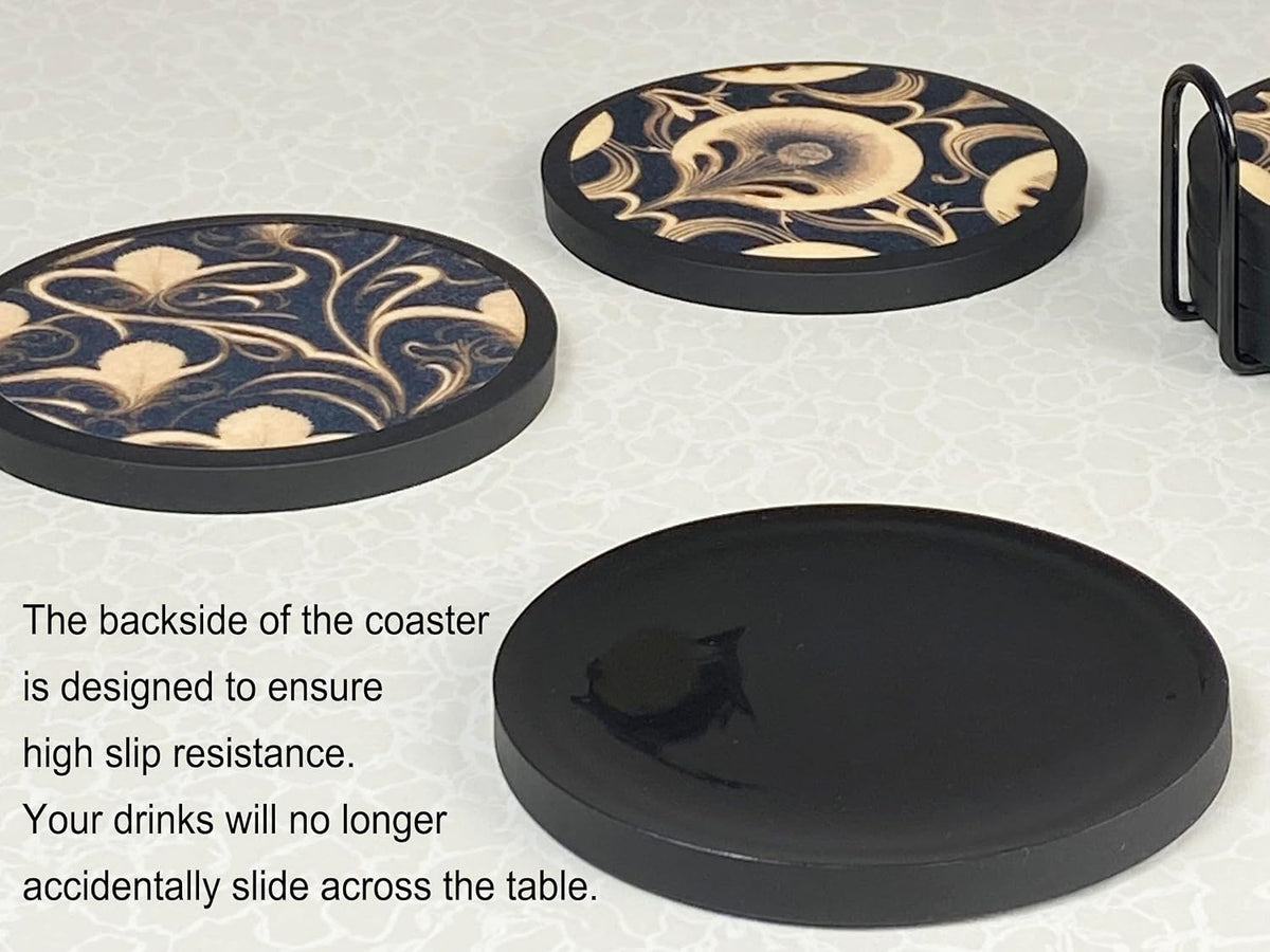Absorbent Coasters for Drinks with Holder - 6packs, Silicone Coaster with Soft Felt Insert, Black (Coasters with Holder, Black)