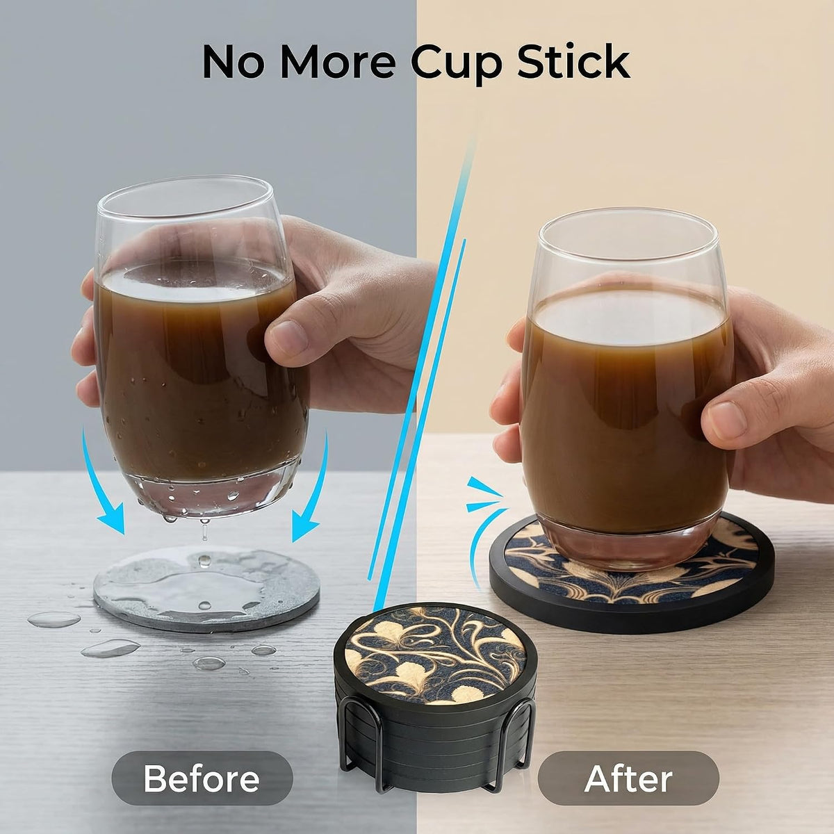 Absorbent Coasters for Drinks with Holder - 6packs, Silicone Coaster with Soft Felt Insert, Black (Coasters with Holder, Black)