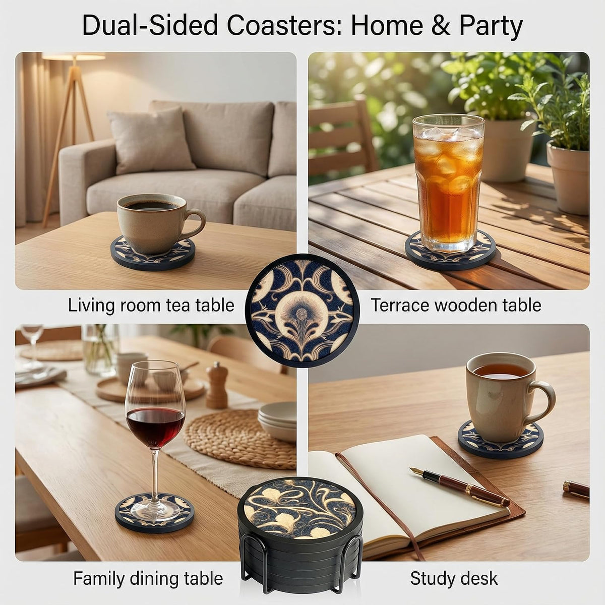 Absorbent Coasters for Drinks with Holder - 6packs, Silicone Coaster with Soft Felt Insert, Black (Coasters with Holder, Black)