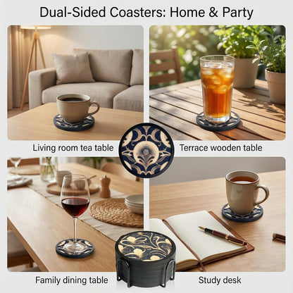 Absorbent Coasters for Drinks with Holder - 6packs, Silicone Coaster with Soft Felt Insert, Black (Coasters with Holder, Black)