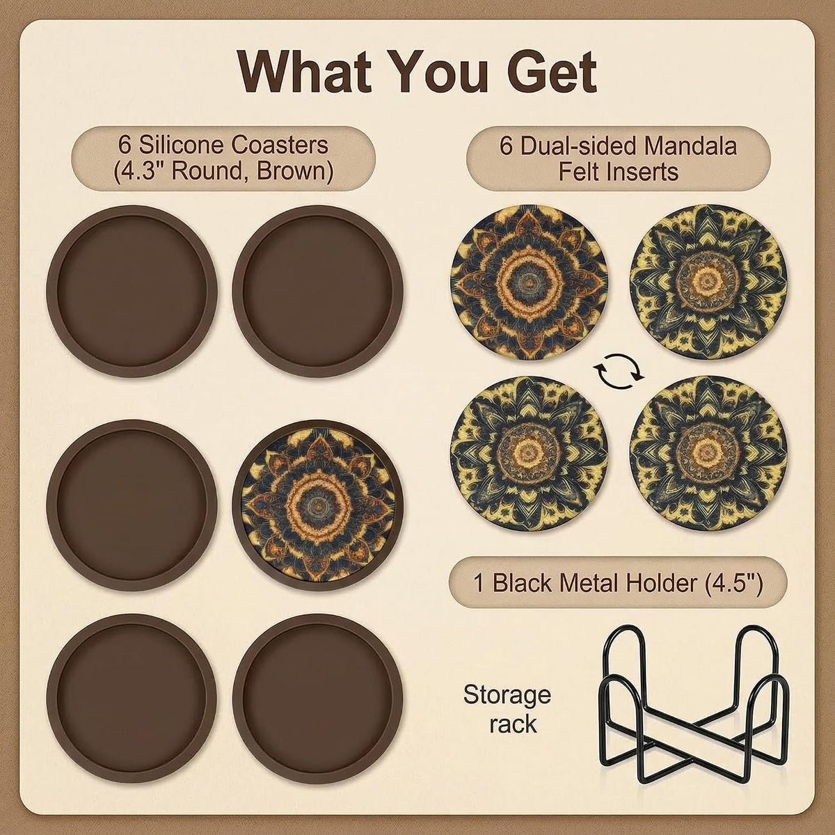 Absorbent Coasters for Drinks with Holder - 6packs, Silicone Coaster with Soft Felt Insert, Black (Coasters with Holder, Black)