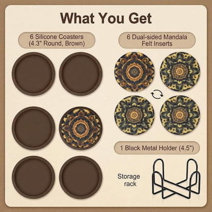 Absorbent Coasters for Drinks with Holder - 6packs, Silicone Coaster with Soft Felt Insert, Black (Coasters with Holder, Black)