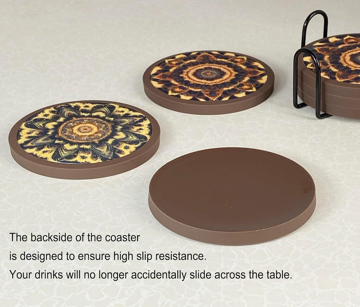 Absorbent Coasters for Drinks with Holder - 6packs, Silicone Coaster with Soft Felt Insert, Black (Coasters with Holder, Black)
