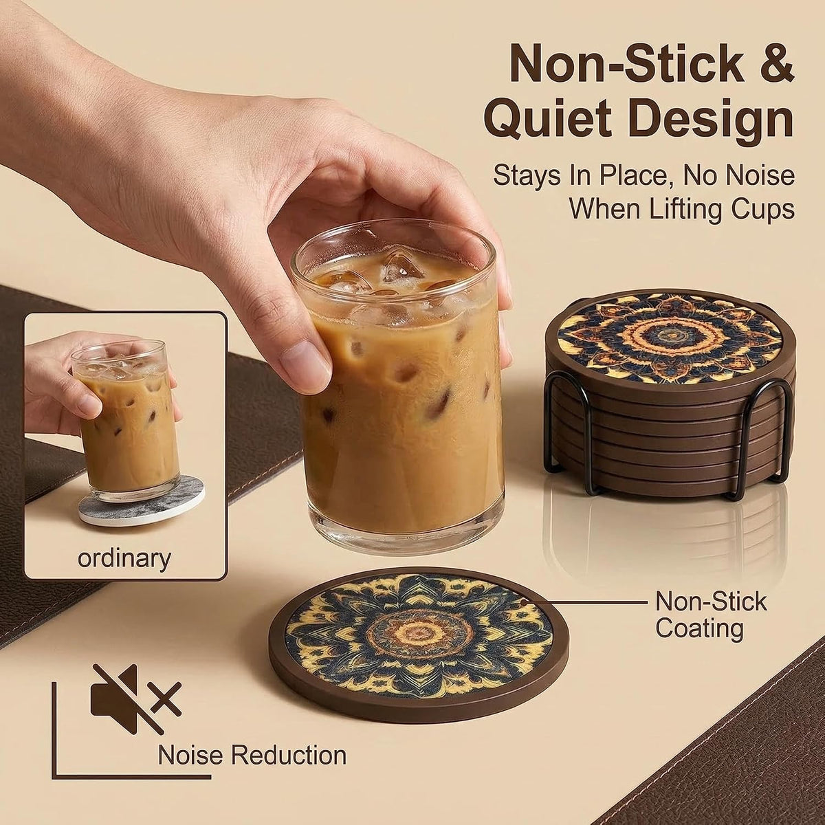 Absorbent Coasters for Drinks with Holder - 6packs, Silicone Coaster with Soft Felt Insert, Black (Coasters with Holder, Black)