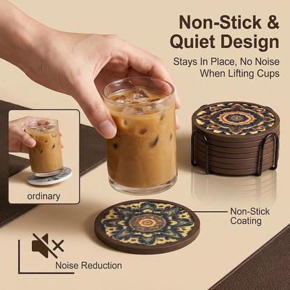 Absorbent Coasters for Drinks with Holder - 6packs, Silicone Coaster with Soft Felt Insert, Black (Coasters with Holder, Black)