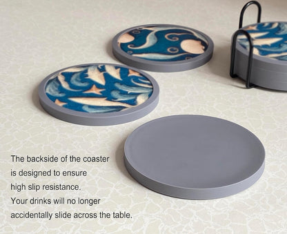 Absorbent Coasters for Drinks with Holder - 6packs, Silicone Coaster with Soft Felt Insert, Black (Coasters with Holder, Black)