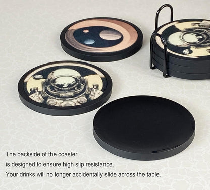 Absorbent Coasters for Drinks with Holder - 6packs, Silicone Coaster with Soft Felt Insert, Black (Coasters with Holder, Black)