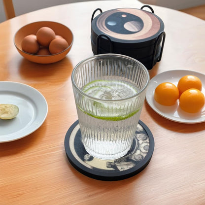Absorbent Coasters for Drinks with Holder - 6packs, Silicone Coaster with Soft Felt Insert, Black (Coasters with Holder, Black)