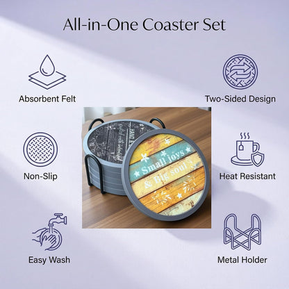Absorbent Coasters for Drinks with Holder - 6packs, Silicone Coaster with Soft Felt Insert, Black (Coasters with Holder, Black)