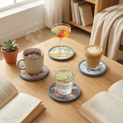 Absorbent Coasters for Drinks with Holder - 6packs, Silicone Coaster with Soft Felt Insert, Black (Coasters with Holder, Black)