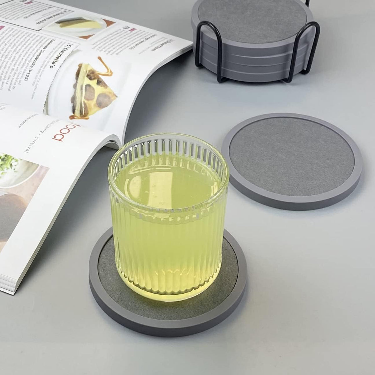 Absorbent Coasters for Drinks with Holder - 6packs, Silicone Coaster with Soft Felt Insert, Black (Coasters with Holder, Black)