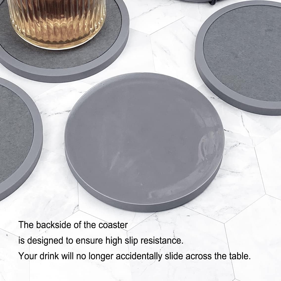 Absorbent Coasters for Drinks with Holder - 6packs, Silicone Coaster with Soft Felt Insert, Black (Coasters with Holder, Black)