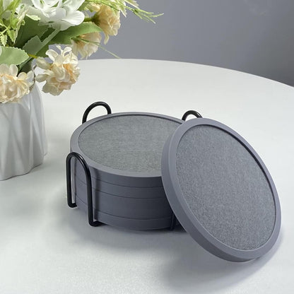 Absorbent Coasters for Drinks with Holder - 6packs, Silicone Coaster with Soft Felt Insert, Black (Coasters with Holder, Black)