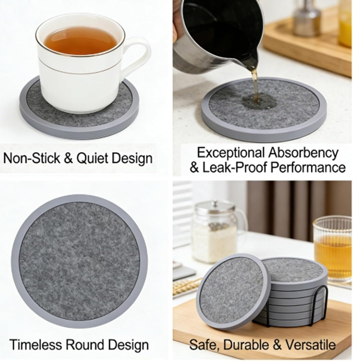 Absorbent Coasters for Drinks with Holder - 6packs, Silicone Coaster with Soft Felt Insert, Black (Coasters with Holder, Black)