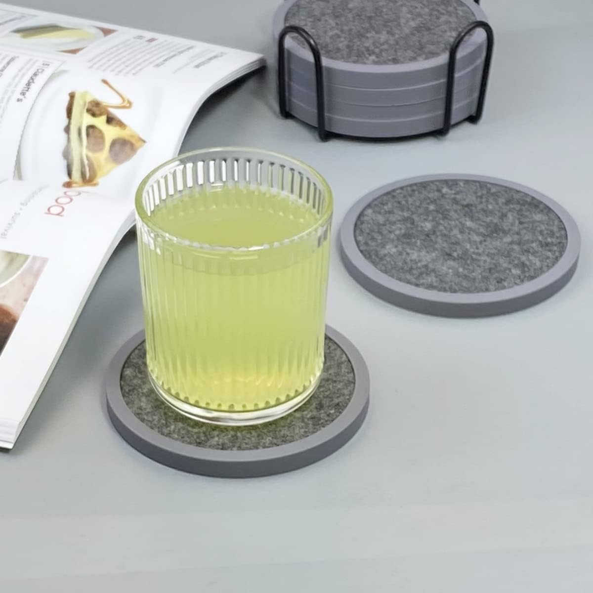 Absorbent Coasters for Drinks with Holder - 6packs, Silicone Coaster with Soft Felt Insert, Black (Coasters with Holder, Black)