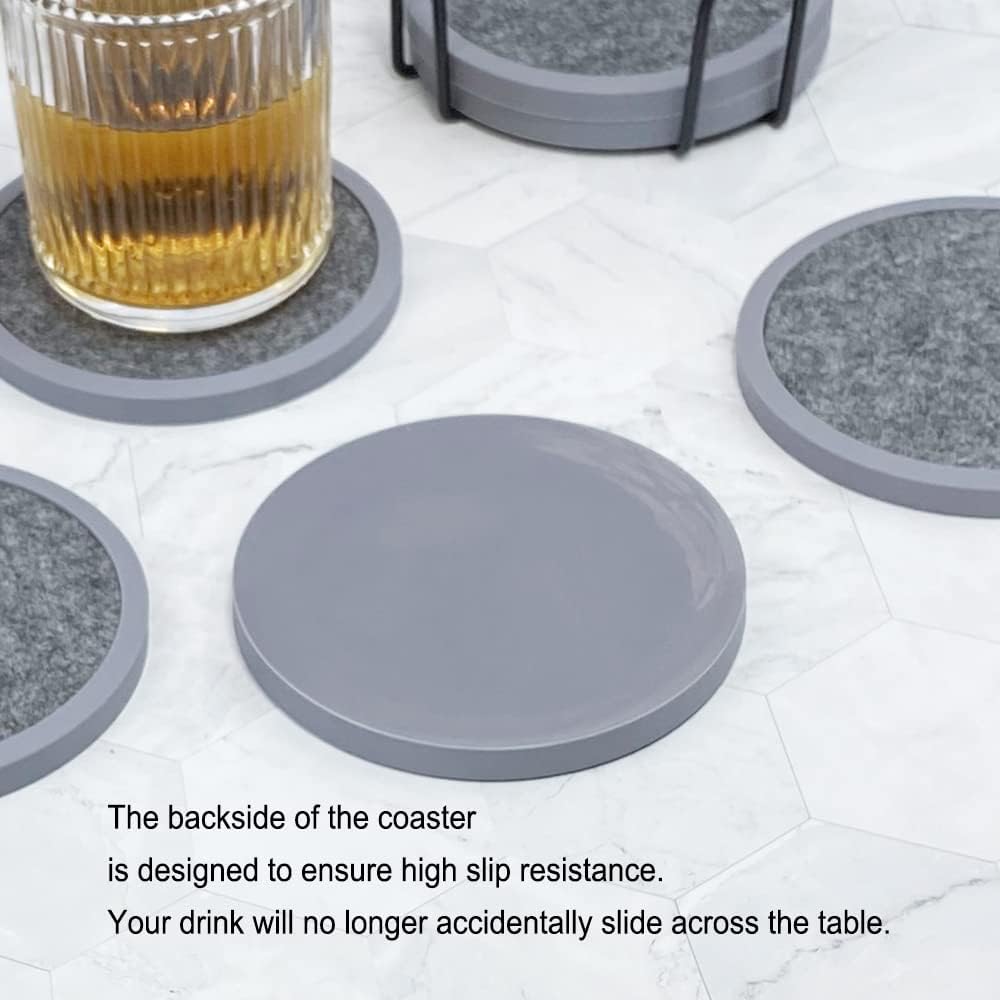 Absorbent Coasters for Drinks with Holder - 6packs, Silicone Coaster with Soft Felt Insert, Black (Coasters with Holder, Black)