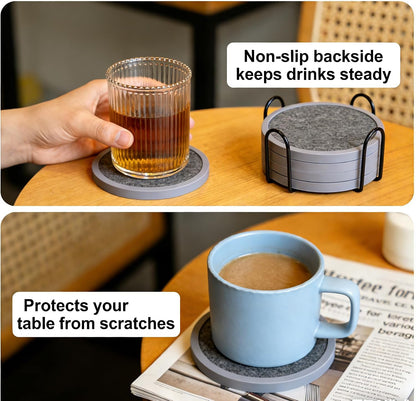 Absorbent Coasters for Drinks with Holder - 6packs, Silicone Coaster with Soft Felt Insert, Black (Coasters with Holder, Black)