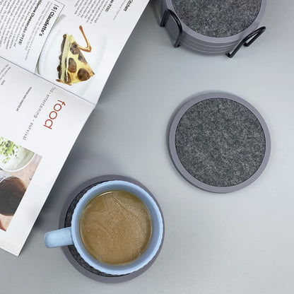 Absorbent Coasters for Drinks with Holder - 6packs, Silicone Coaster with Soft Felt Insert, Black (Coasters with Holder, Black)