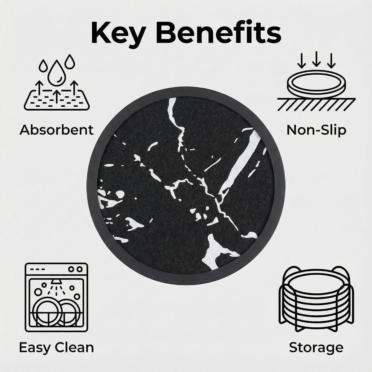 Absorbent Coasters for Drinks with Holder - 6packs, Silicone Coaster with Soft Felt Insert, Black (Coasters with Holder, Black)