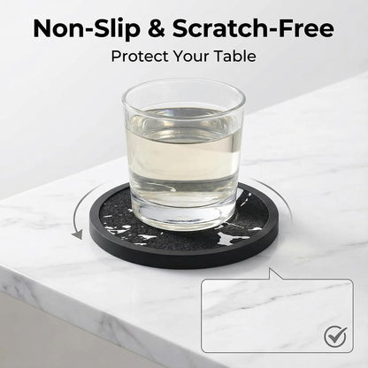Absorbent Coasters for Drinks with Holder - 6packs, Silicone Coaster with Soft Felt Insert, Black (Coasters with Holder, Black)