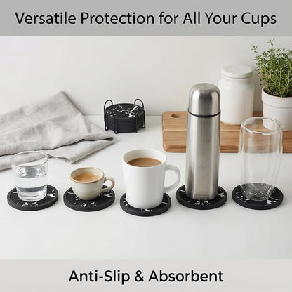 Absorbent Coasters for Drinks with Holder - 6packs, Silicone Coaster with Soft Felt Insert, Black (Coasters with Holder, Black)