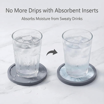 Absorbent Coasters for Drinks with Holder - 6packs, Silicone Coaster with Soft Felt Insert, Black (Coasters with Holder, Black)