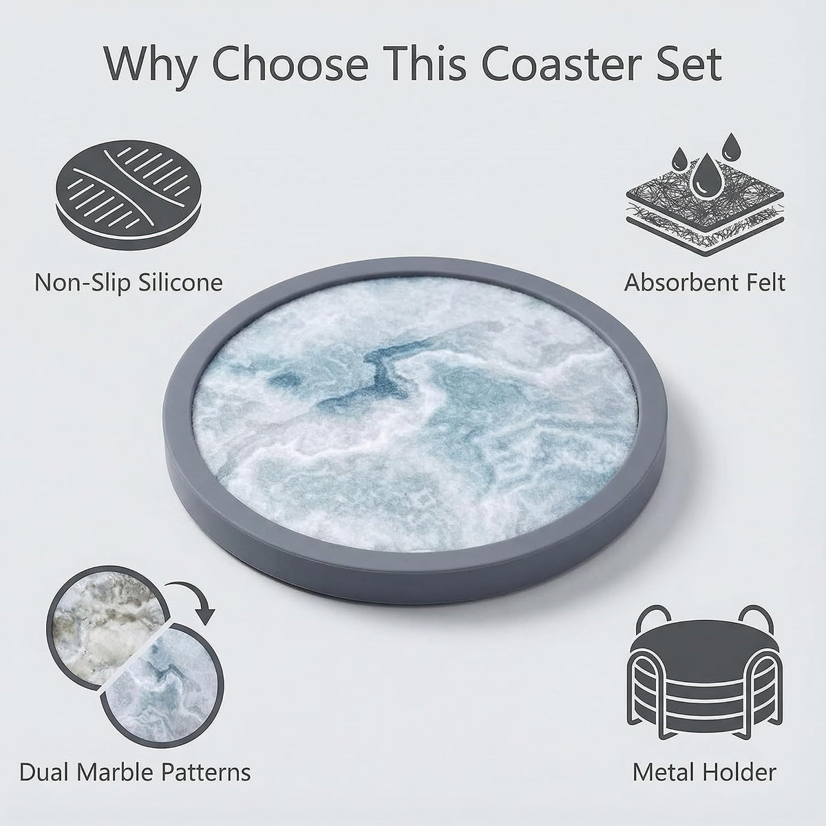 Absorbent Coasters for Drinks with Holder - 6packs, Silicone Coaster with Soft Felt Insert, Black (Coasters with Holder, Black)