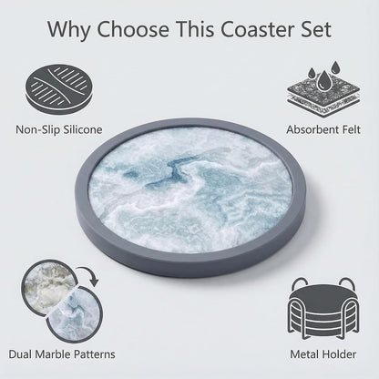 Absorbent Coasters for Drinks with Holder - 6packs, Silicone Coaster with Soft Felt Insert, Black (Coasters with Holder, Black)