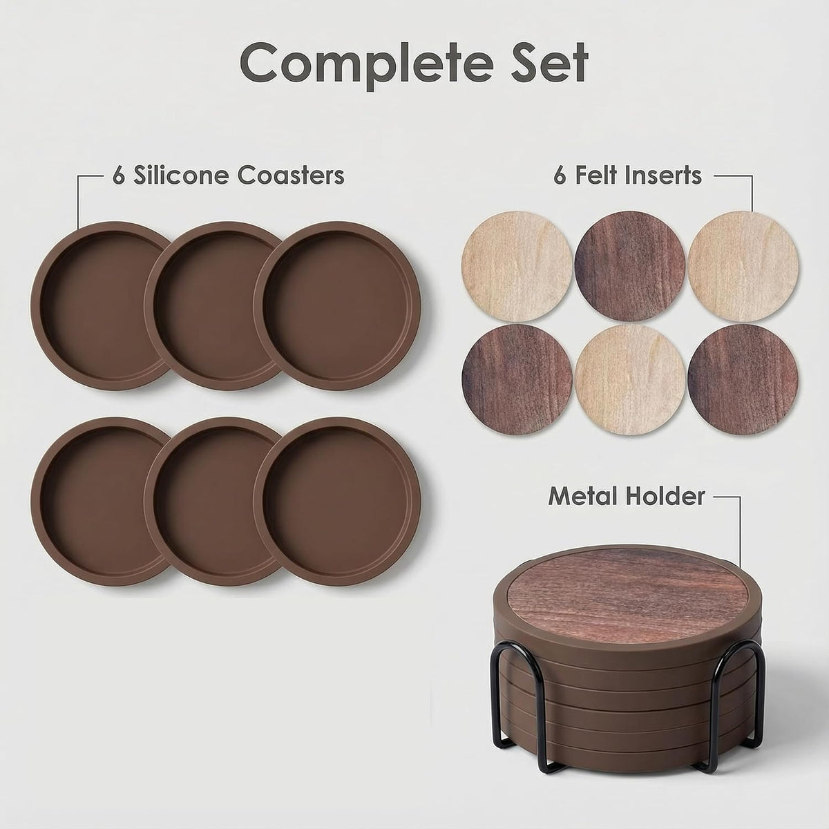 Absorbent Coasters for Drinks with Holder - 6packs, Silicone Coaster with Soft Felt Insert, Black (Coasters with Holder, Black)