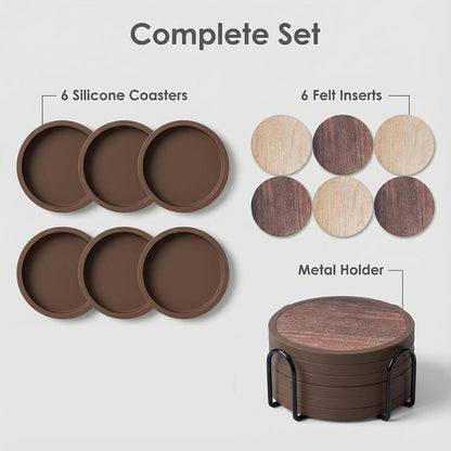 Absorbent Coasters for Drinks with Holder - 6packs, Silicone Coaster with Soft Felt Insert, Black (Coasters with Holder, Black)