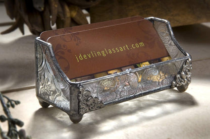 J Devlin Stained Glass Business Card Holder, Vintage Glass Desk Display